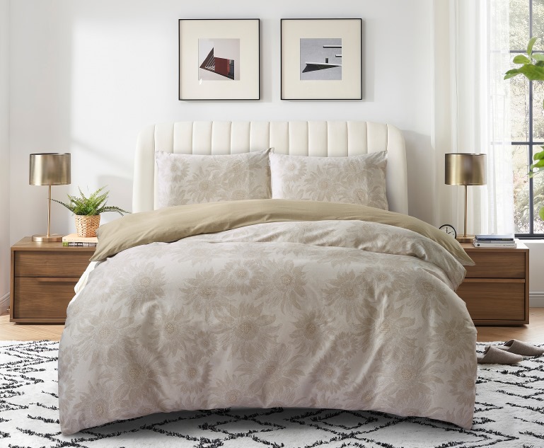 סט מצעים 100% כותנה אורגנית דגם חמניות שמנת