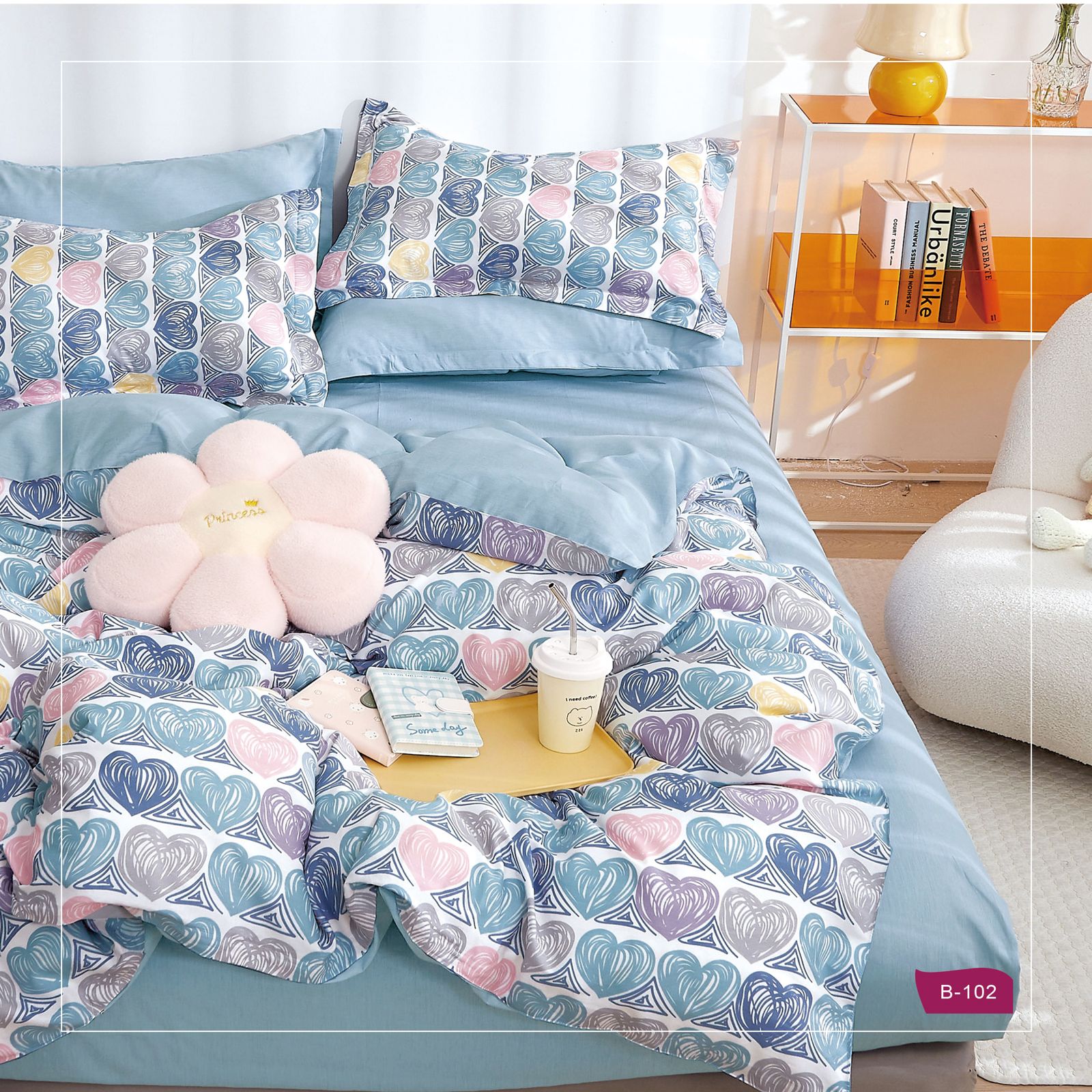 סט מצעים 100% כותנה סאטן דגם לבבות תכלת B102