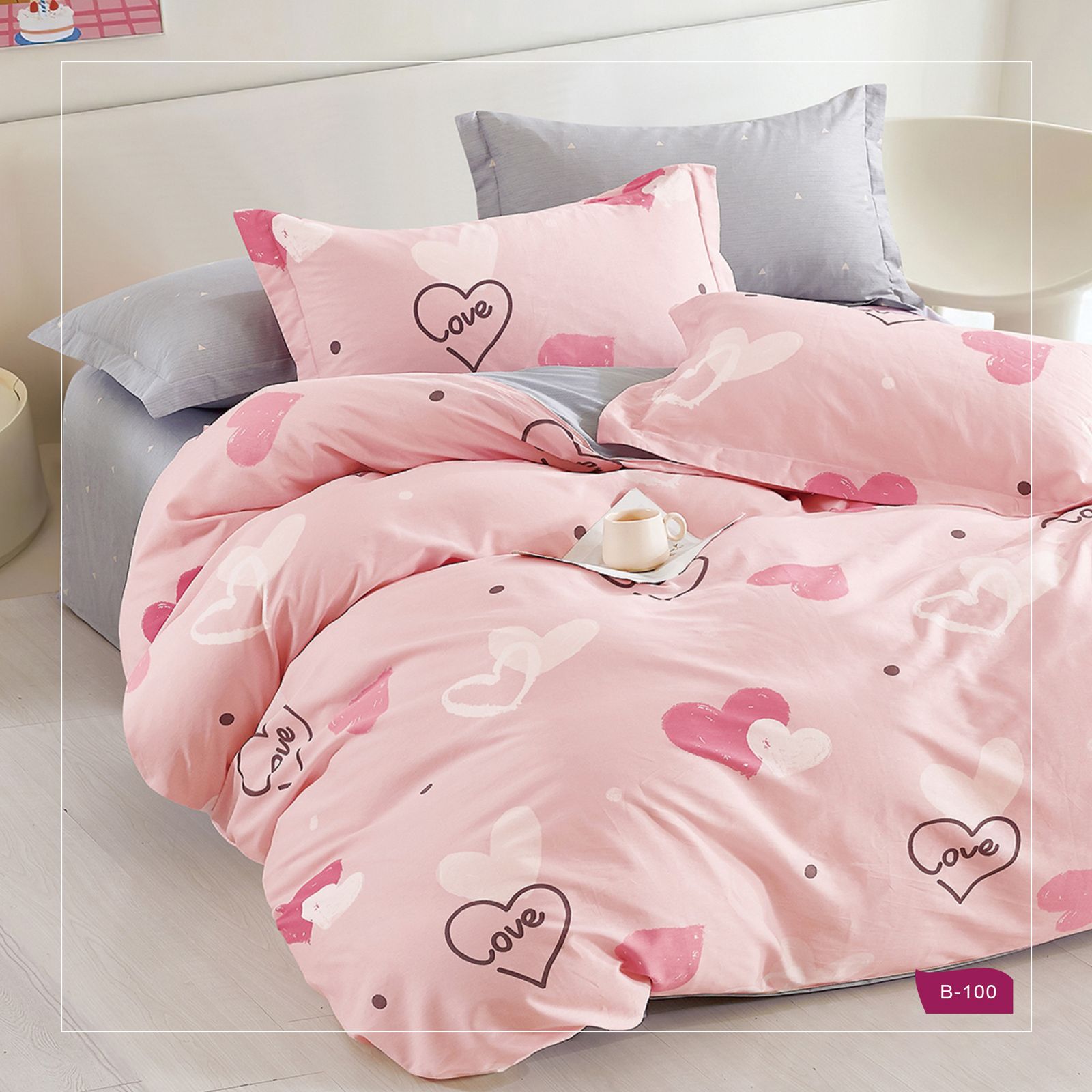 סט מצעים 100% כותנה סאטן דגם לבבות ורוד B100