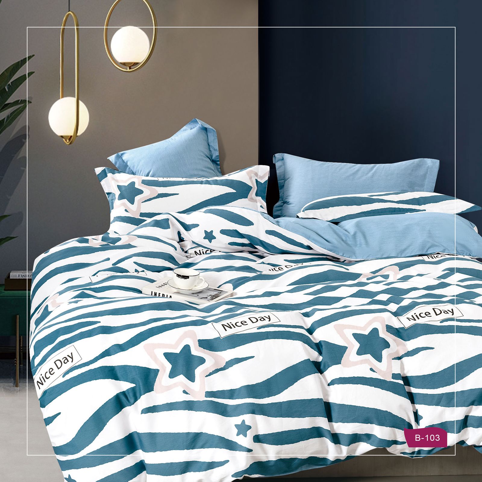 סט מצעים 100% כותנה סאטן דגם כוכבים תכלת B103