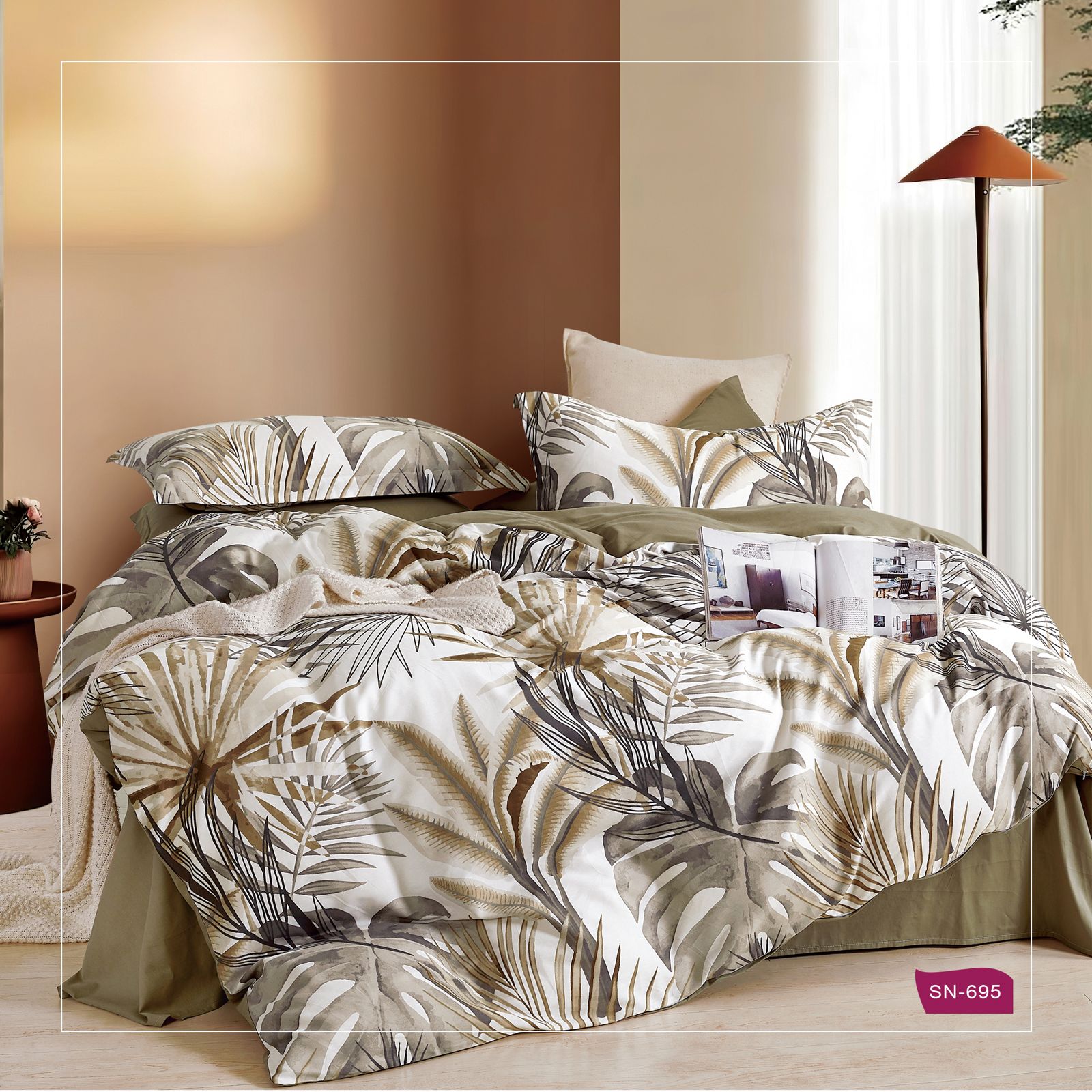 סט מצעים 100% כותנה סאטן דגם עלים חום SN695